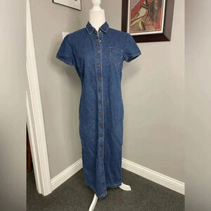 Vintage Denim Shirt Dress 10 Collared Short Sleeve Snap Button Front Cotton 90s